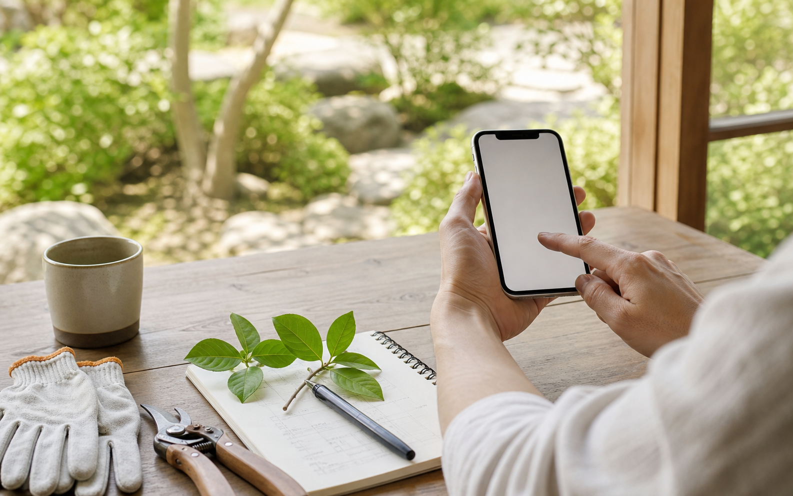 スマートフォンで庭の相談をする様子