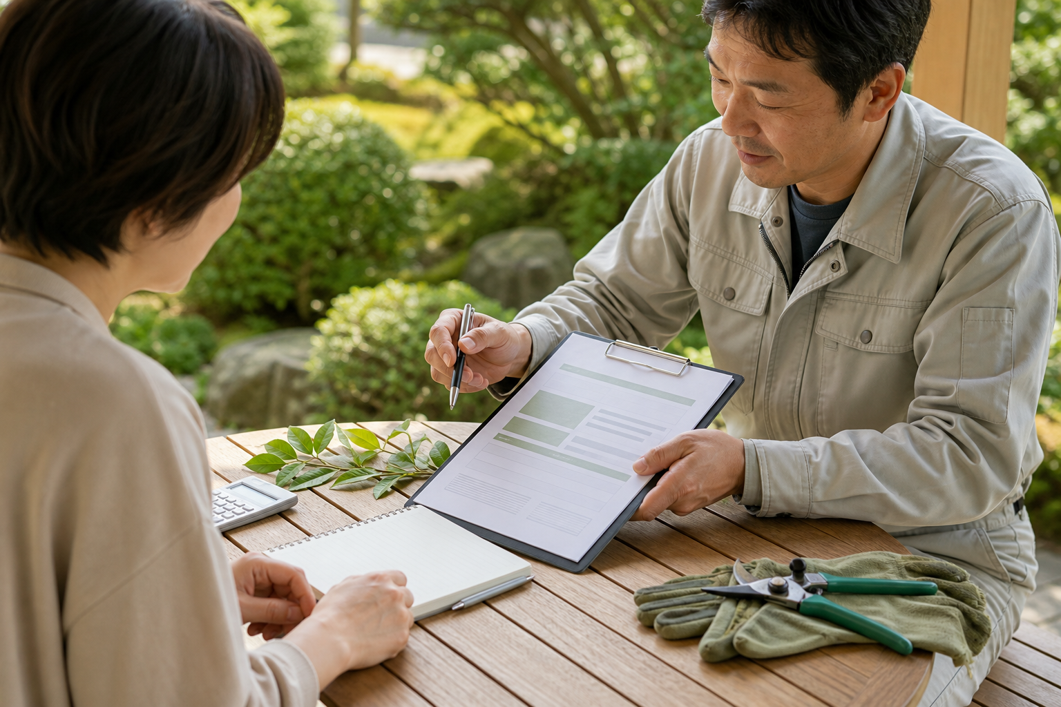 庭で相談内容を確認する職人